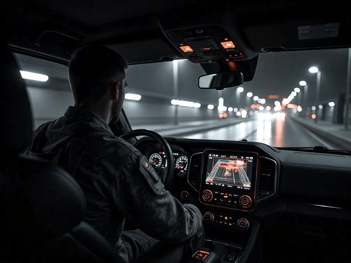 Soldier Monitoring Thermal Screen in Vehicle