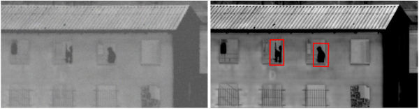 Left: Image from a thermal imager with poor sensitivity – Right: Image from a cooled thermal camera with high thermal sensitivity